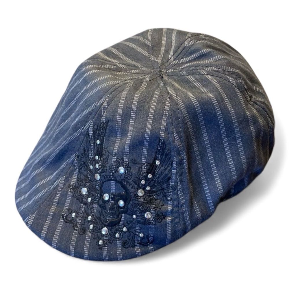 Dark and Light Gray Striped Newsboy Hat with Skull and Wings